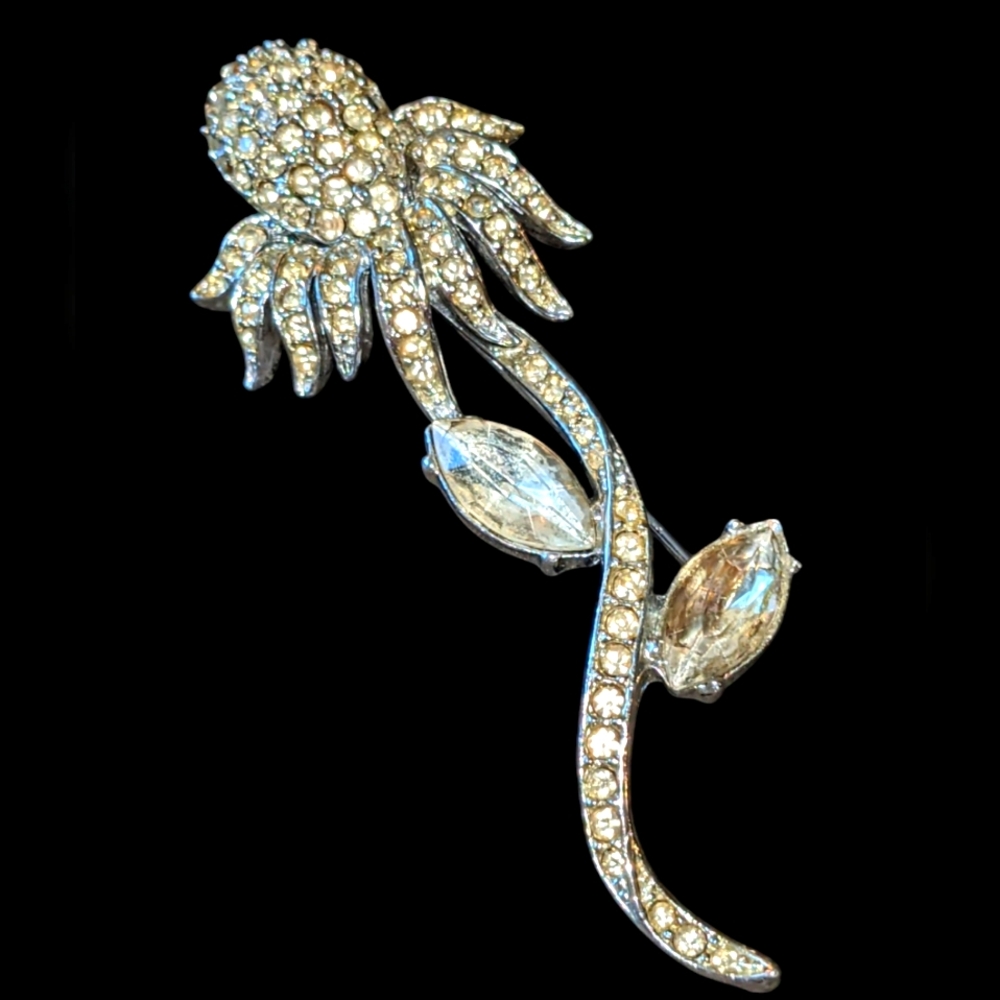 Vintage Rhinestone Flower Brooch Art Deco RARE LEDO SIGNED Coneflower Silver